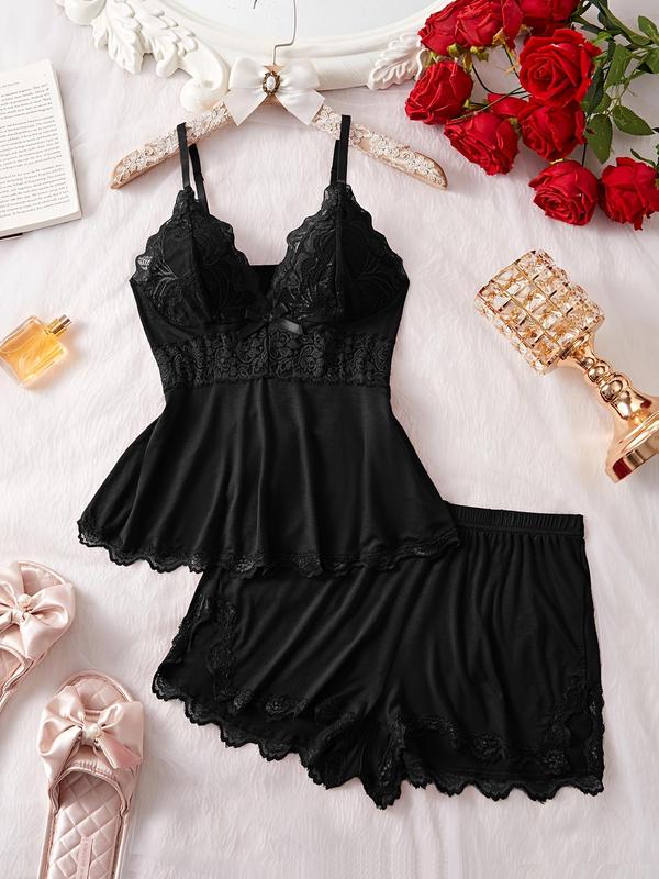 Women's Solid Cami Top & Shorts Pyjama Two-piece Set, Casual Comfortable Lingerie Set for Women, Women's Sleepwear for Spring & Fall