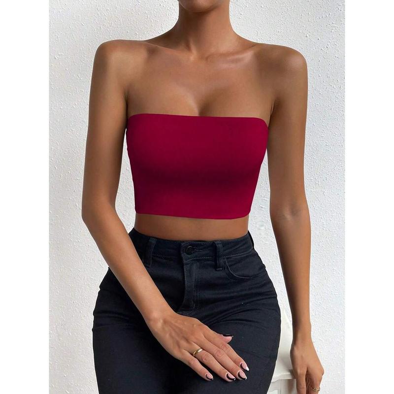 SolidTube Crop Top Fashion Fit Sleeve Womenswear Fabric Polyester Sheer Basic Minimalist