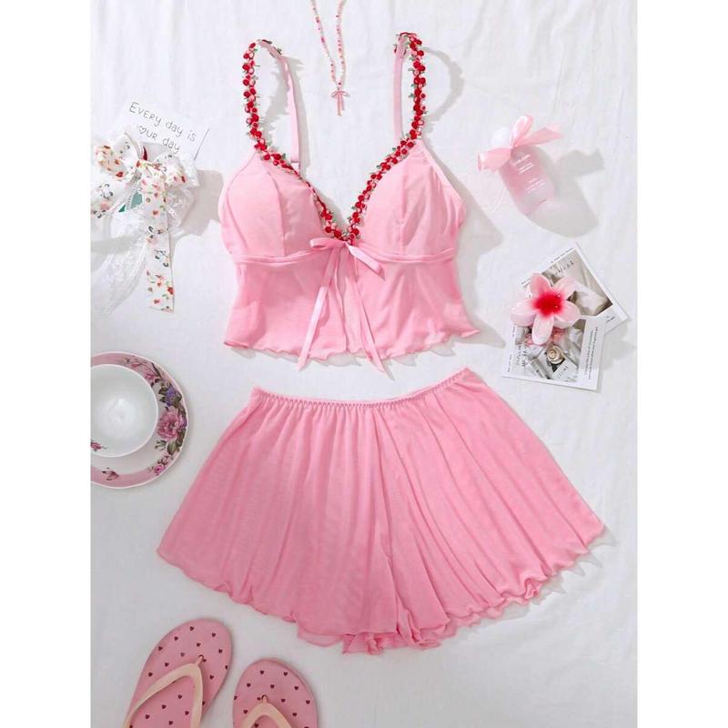 2pcs Set Women's Floral Embroidery Decor Mesh Lingerie Set, Kawaii Bra Fabric Day Pants