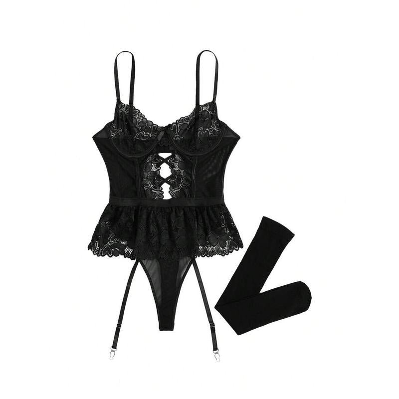 3packs Floral Lace Crisscross Bow Front Garter Underwire Corset Teddy Bodysuit Lingerie Set Womenswear Piece Sleeve Polyester