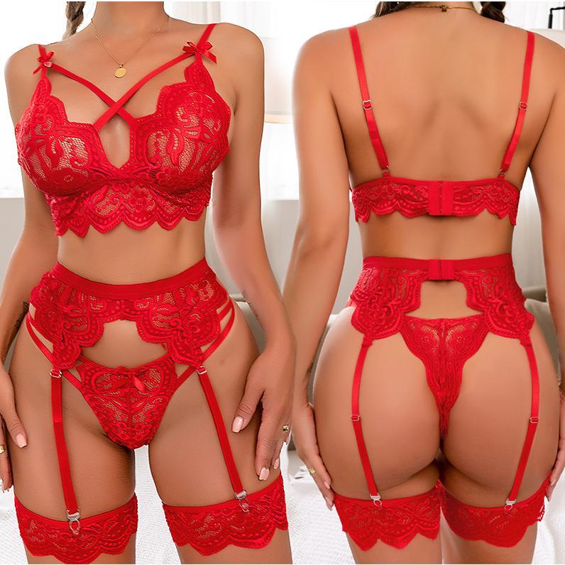 Women Lace Lingerie Set Teddy Bra Panty Garters 3pcs Erotic See-Through Babydoll Underwear Fabric Womenswear