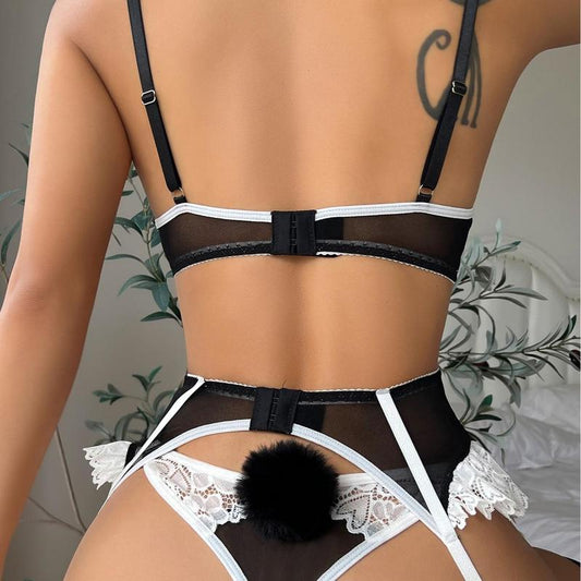 Women's 6 Piece Set Floral Lace Bow Front Colorblock Underwire Garter Lingerie Set with Stocking dealsforyoudays