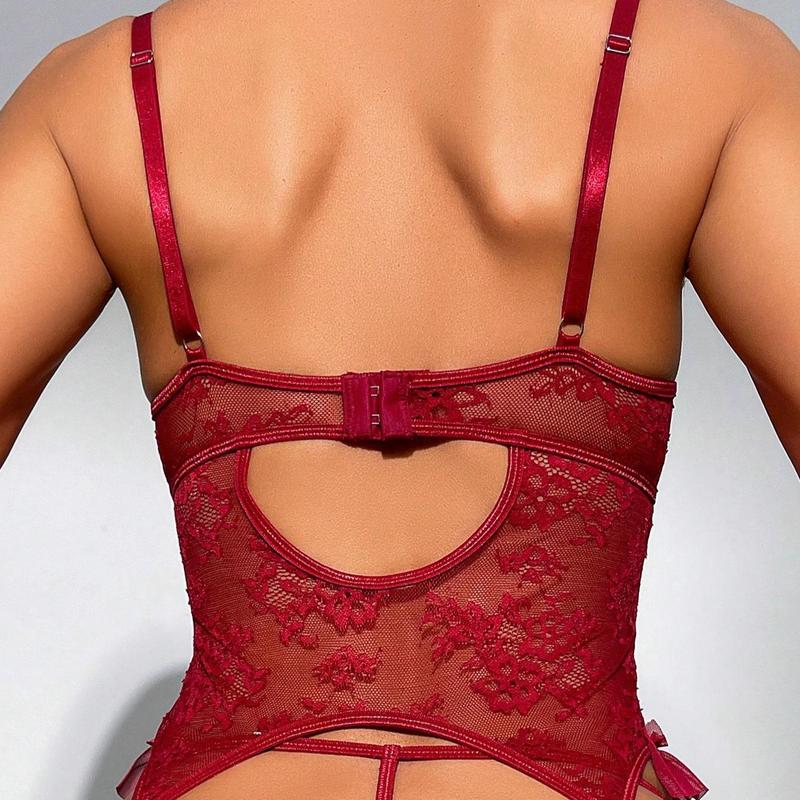 Women's Lingerie Set Floral Lace Garter Bustier Lingerie Set with 1Pair Fishnet Stocking Underwear