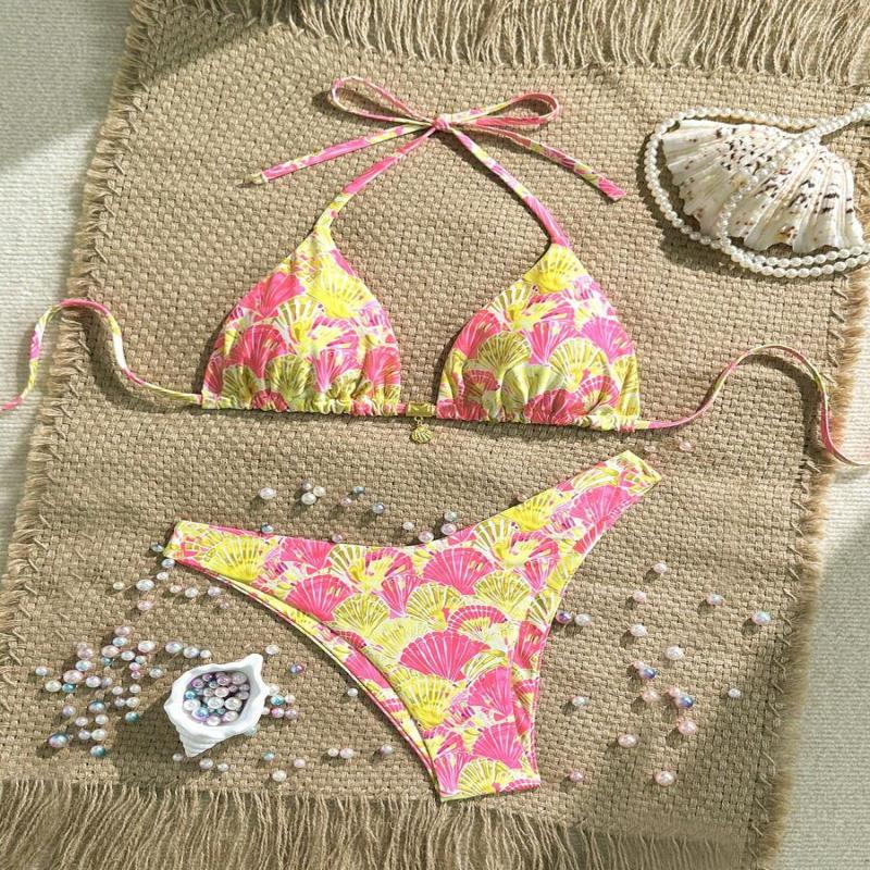 Swim Summer 2 Pieces Outfits For Women - Spaghetti Strap Random Print Top And High Cut Swim Bottoms, Beach Holiday Bikini Set