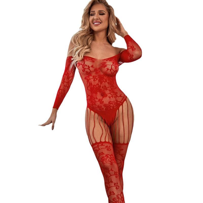 Red Jacquard Sexy Lingerie Tight Sexy off-Shoulder Jumpsuit Open-End Free off Fishnet Clothes Women Party Lace Long Sleeve Womenswear Basic Minimalist