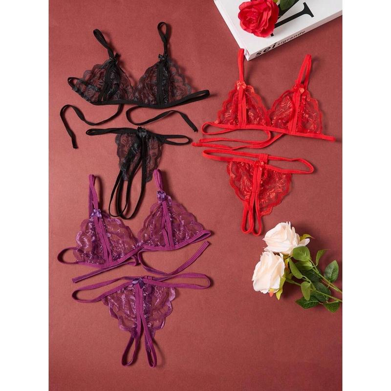 3 Pieceslingerie Set Solid Color V-Neck Lace Floral Fashion Design Lingerie Set, Bra And Open Lingerie, Couple Date, Halloween, Christmas, Valentine's Day, Girlfriend Gift, Free Temptation Set White Black Womenswear Red Fabric Casual Basic Minimalist