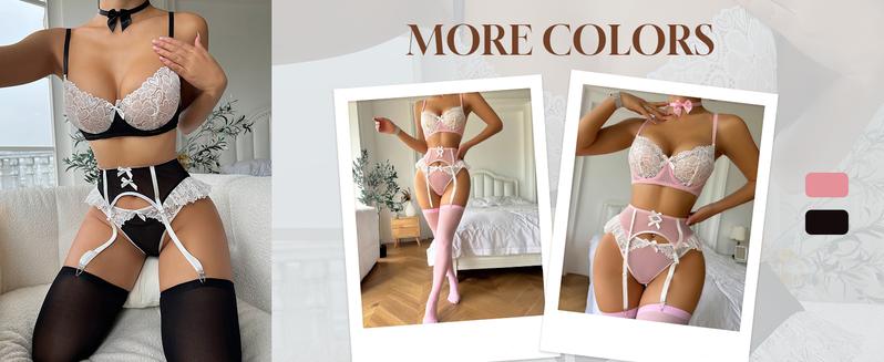 Women's 6 Piece Set Floral Lace Bow Front Colorblock Underwire Garter Lingerie Set with Stocking dealsforyoudays