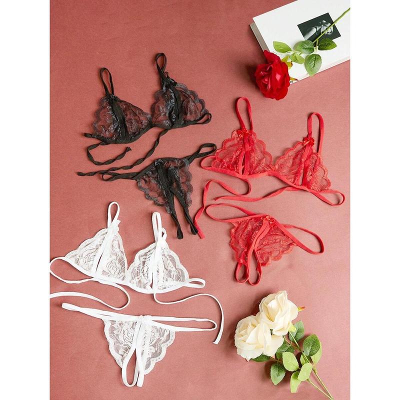3 Pieceslingerie Set Solid Color V-Neck Lace Floral Fashion Design Lingerie Set, Bra And Open Lingerie, Couple Date, Halloween, Christmas, Valentine's Day, Girlfriend Gift, Free Temptation Set White Black Womenswear Red Fabric Casual Basic Minimalist