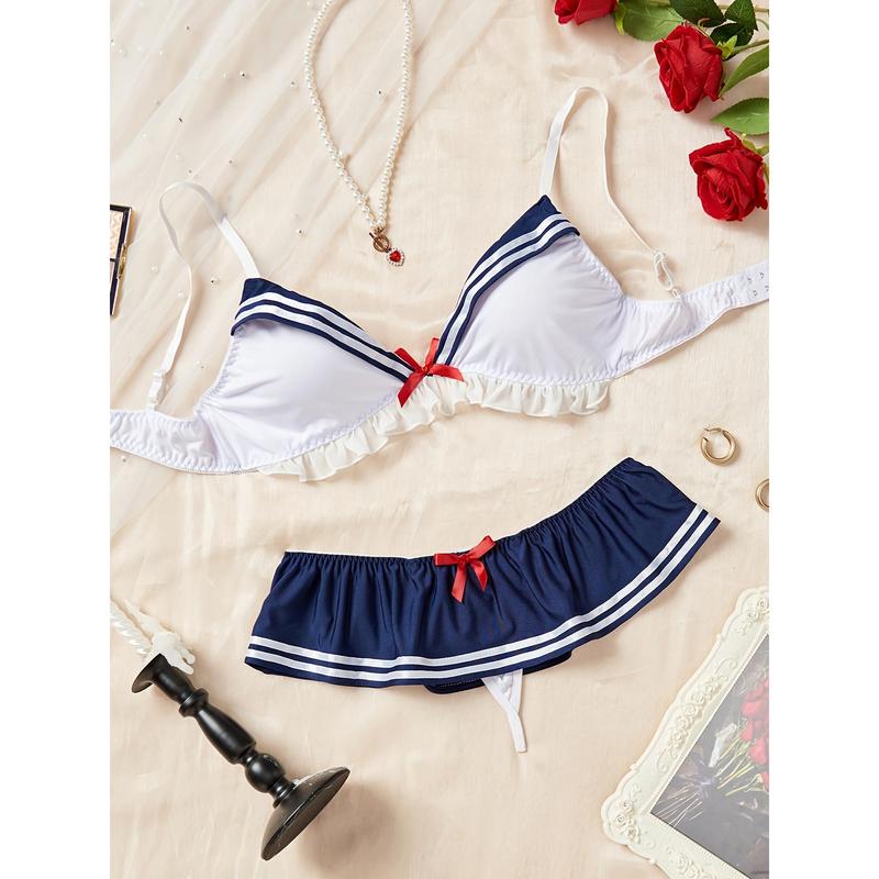 Ocean Style Lingerie Set - Women's Ruffled Bow Underwire Bra and Panties, Sexy Role Play Comfortable Design