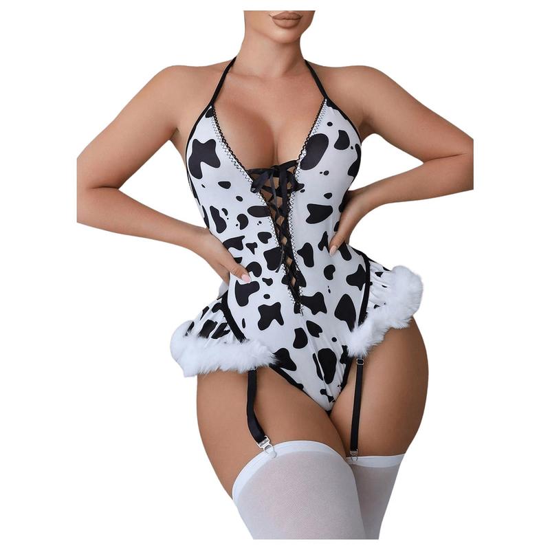 3 Piece Cow Teddy Lingerie Set Cosplay Lace Up Halter Bodysuit with Stockings