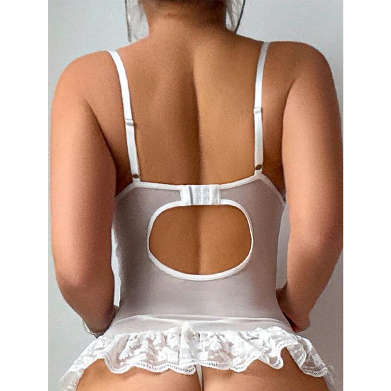 4 Piece Floral Lace Wedding Night Lingerie Sets Ruffle Hem Garter Babydoll Bustier Set with 1 Pair Stockings Womenswear Basic