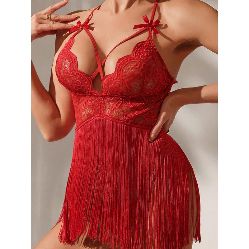 Black Sexy Contrast Lace Lingerie Set with Deep V Tassel Slip Dress and Thong for Women - Comfort Fabric, 1 Set