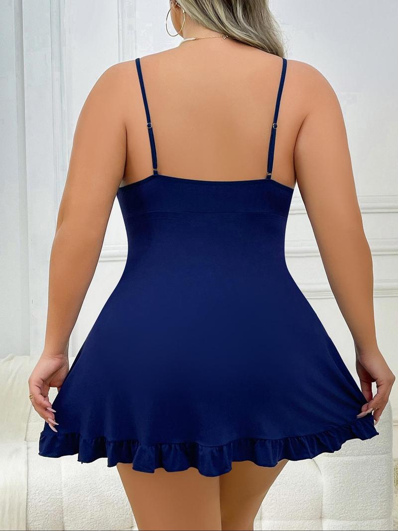 【Plus Size】 Contrast Lace Bow Decor Cami Nightdress, Elegant Ruffle Hem Split Thigh Nightgown, Women's Sleepwear for All Seasons