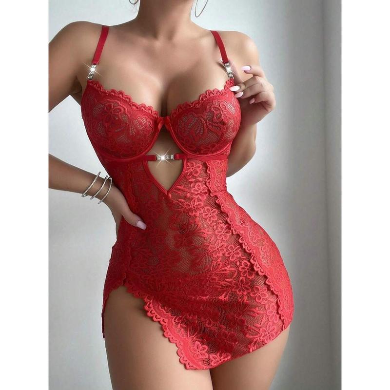 2pcs/Set Sexy Lace Contrast Mesh Nightgown Babydoll (With Underwire, T-Back) For Women Bridallingerie Fabric Womenswear Bra Loungewear