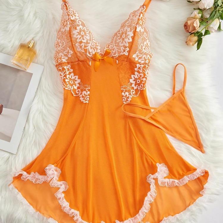 Ugreat Women's Contrast Lace Bow Decor Cami Nightdress with Thong, Comfort Night Gown for Women, Spaghetti Strap Backless, Elegant & Silky Design Green Glam Womenswear Loungewear Fitted Sleeveless Nightwear  night gown women Homewear Minimalist