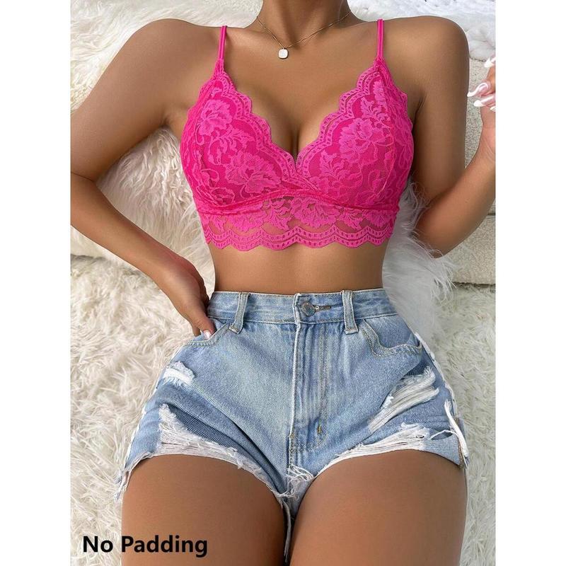 Floral Lace Scallop Trim Bralette Lingerie Womenswear Party Tops Nylon Black