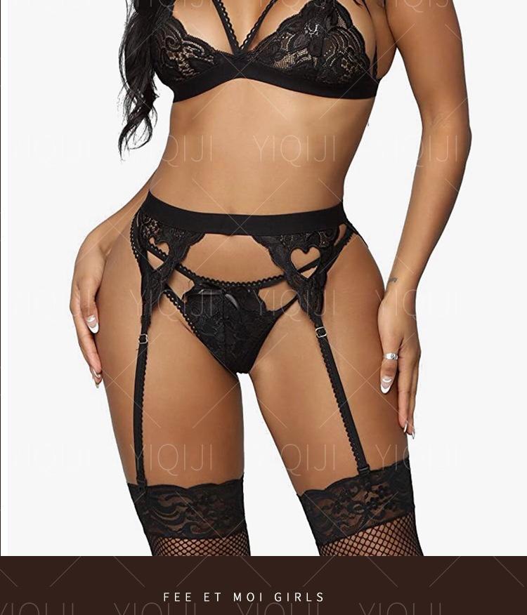 Sexy deep V buttocks exposed peach heart stockings three-piece sexy lingerie Sheer Panty Set Bodystocking