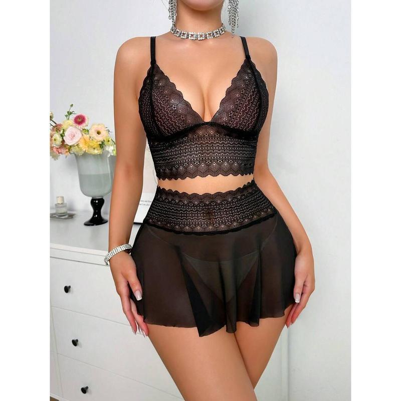 2pcs/Set Sexy Women's Lace & Mesh Wireless Lingerie Dress Fabric Polyester Womenswear Bra