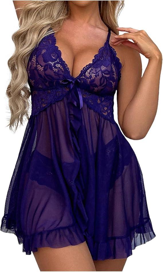 Women's Sheer Mesh Floral Lace Chemise Nightgown Babydoll Nightwear Dress Sexy V-Neck Camisole Dress Sleepwear Nightdress Matching Elegant Polyester Fabric Loungewear Skirt F Bridal airy Comfy Womenswear Basic Minimalist Purple