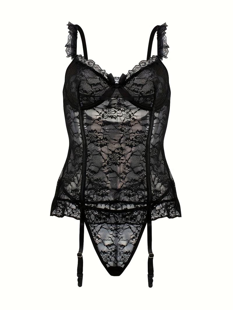 High-end lace underwear set for women: sexy pajamas, nightgown, hollowed-out + sexy thong + stockings = 3-piece set (with underwire) Lingerie Womenswear Elegance Elegant