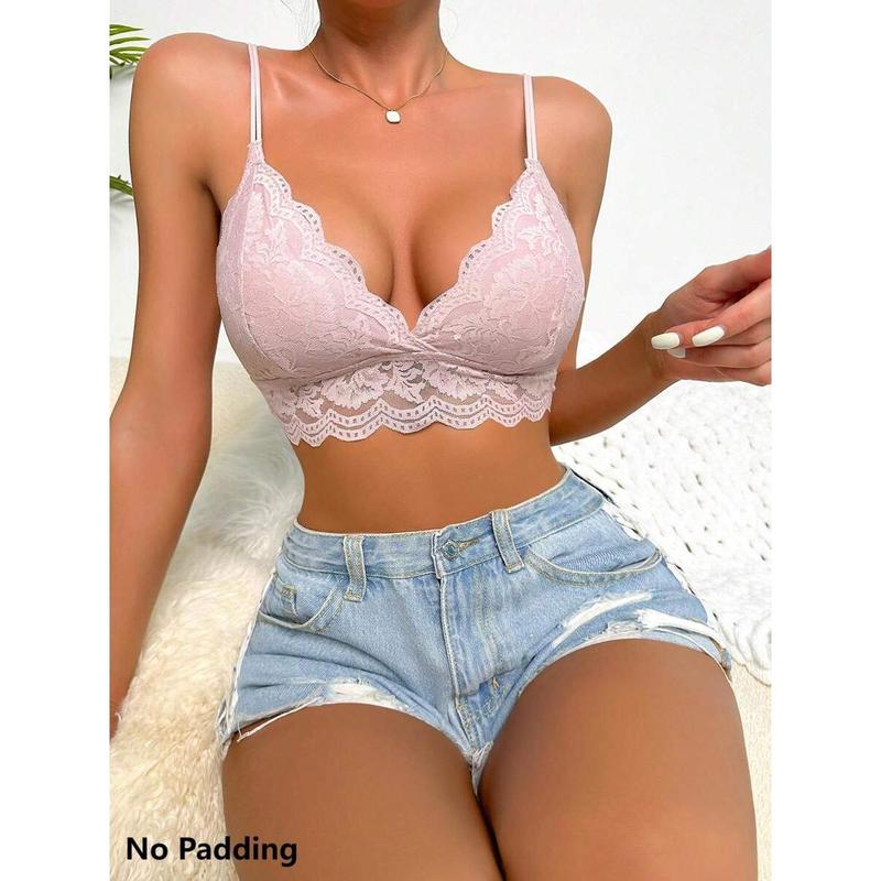 Floral Lace Scallop Trim Bralette Lingerie Womenswear Party Tops Nylon Black