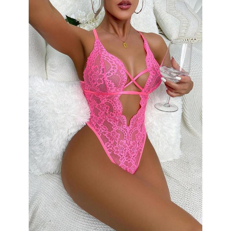 Floral Lace Criss Cross Plunging Neck Backless Teddy Bodysuit Lingerie Fabric Strap