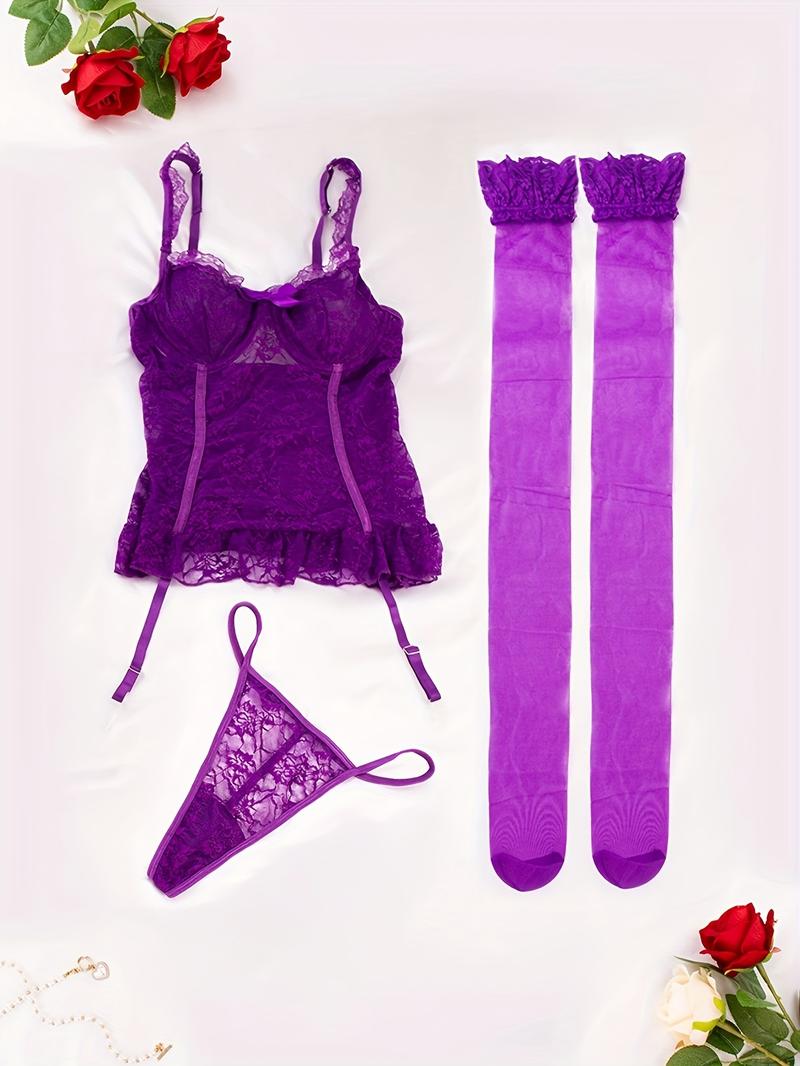 High-end lace underwear set for women: sexy pajamas, nightgown, hollowed-out + sexy thong + stockings = 3-piece set (with underwire) Lingerie Womenswear Elegance Elegant