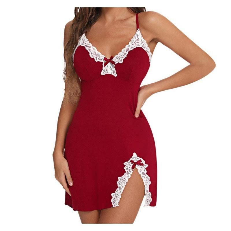 Plus Size Sexy Push up Deep V Bow Side Stitched Slim Fit Slip Nightdress Lingerie Suit Loungewear Nightwear