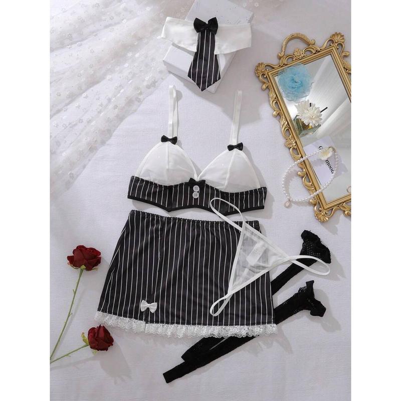 6pcs/Set Sexy Lace Patchwork Striped Bodycon Skirt With Necktie And Fishnet Stockings, Halloween Secretary Costume
