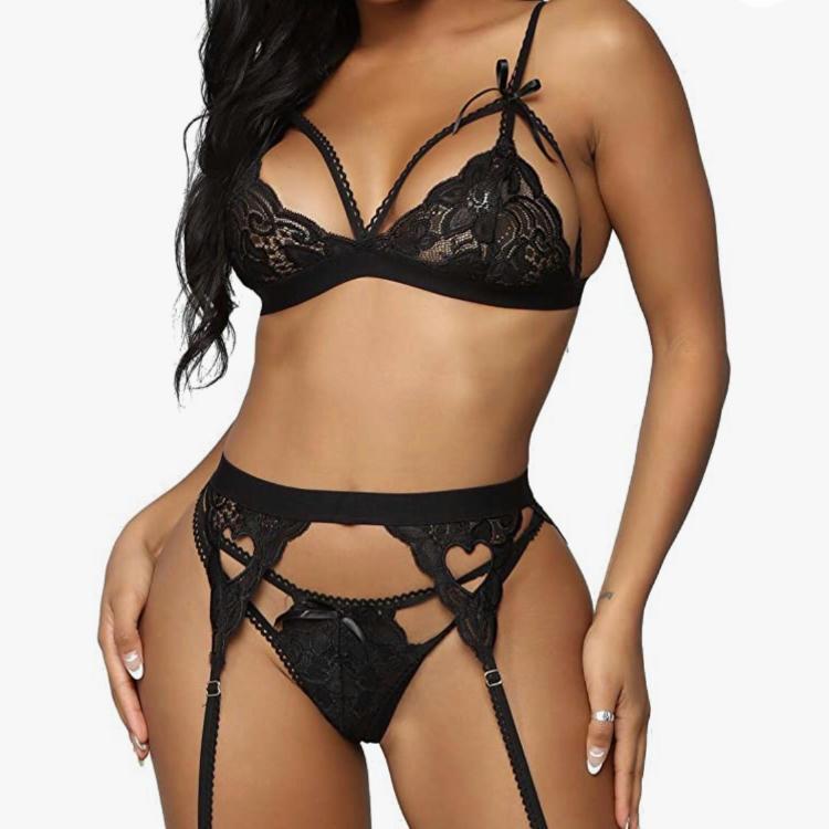 Sexy deep V buttocks exposed peach heart stockings three-piece sexy lingerie Sheer Panty Set Bodystocking