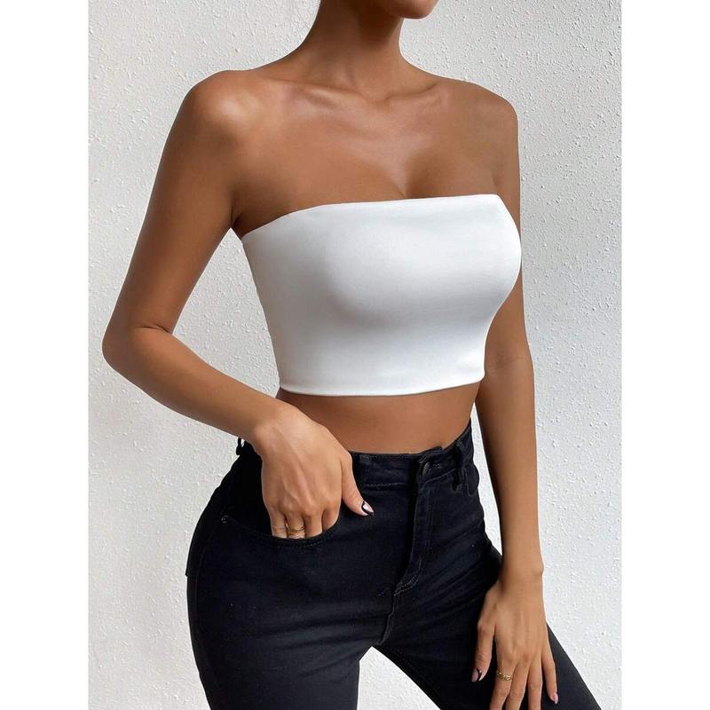 SolidTube Crop Top Fashion Fit Sleeve Womenswear Fabric Polyester Sheer Basic Minimalist
