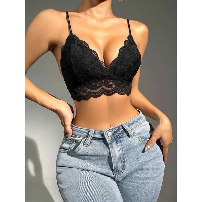 Floral Lace Scallop Trim Bralette Lingerie Womenswear Party Tops Nylon Black