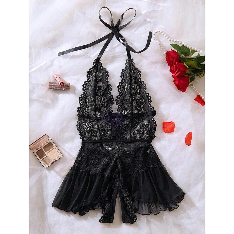 Plus Floral Lace Ruffle Hem Teddy Bodysuit Womenswear Tops Plunge Lingerie Underwire Lingerie