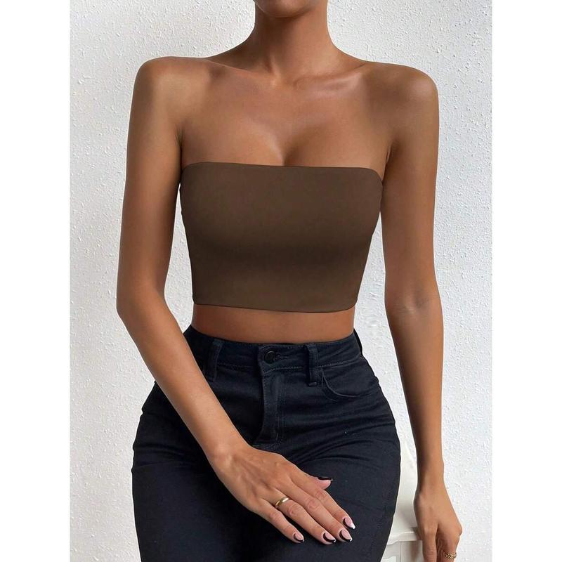SolidTube Crop Top Fashion Fit Sleeve Womenswear Fabric Polyester Sheer Basic Minimalist