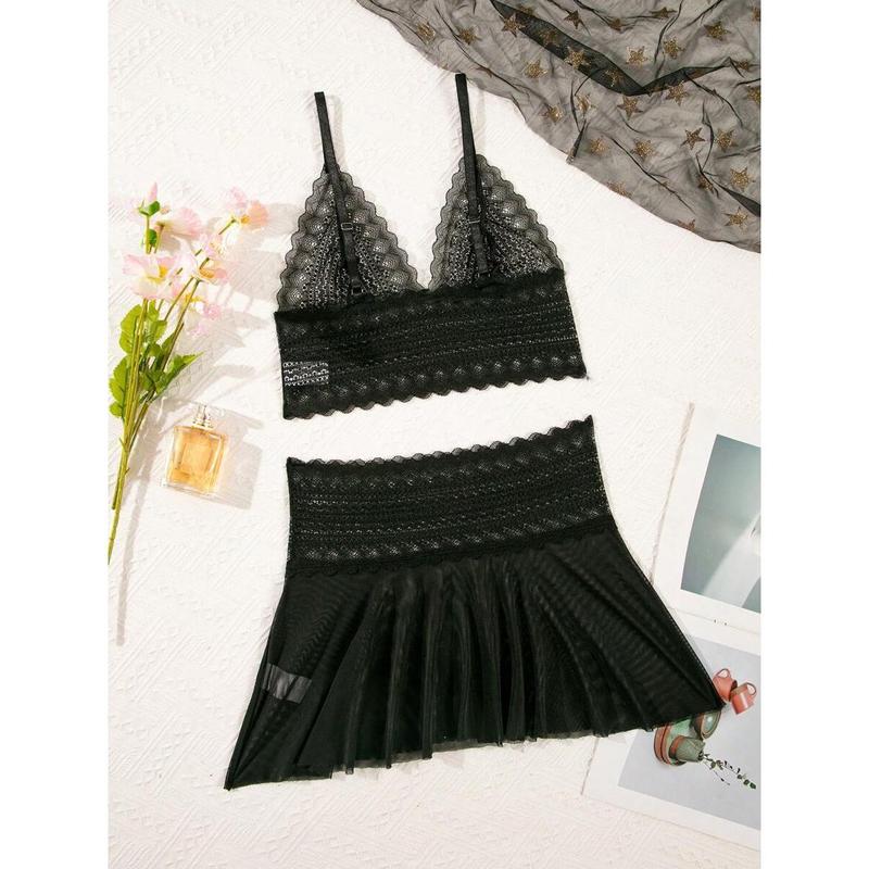 2pcs/Set Sexy Women's Lace & Mesh Wireless Lingerie Dress Fabric Polyester Womenswear Bra