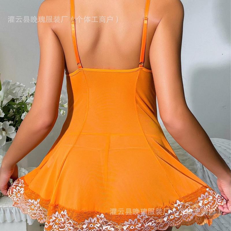 Women’s New Sexy Orange Lace Mesh Lingerie Dress Womenswear Loungewear