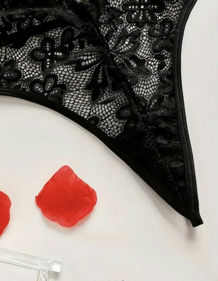 Ugreat Women's Floral Lace Rhinestone Ring Linked Sheer Teddy Bodysuit, Sexy fashion Contrast Lace Tie Backless Bodysuit for Daily Wear, Women's Lingerie for All Reasons Black Fabric