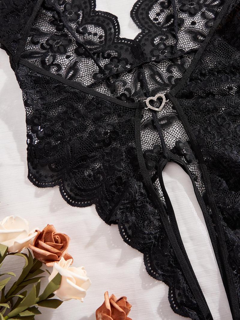 Women's Plain Bow Decor Cut Out Sheer Lace Cami Bodysuit, Sexy Comfy Breathable Backless Bodysuit for Daily Wear, Women's Lingerie for All Seasons