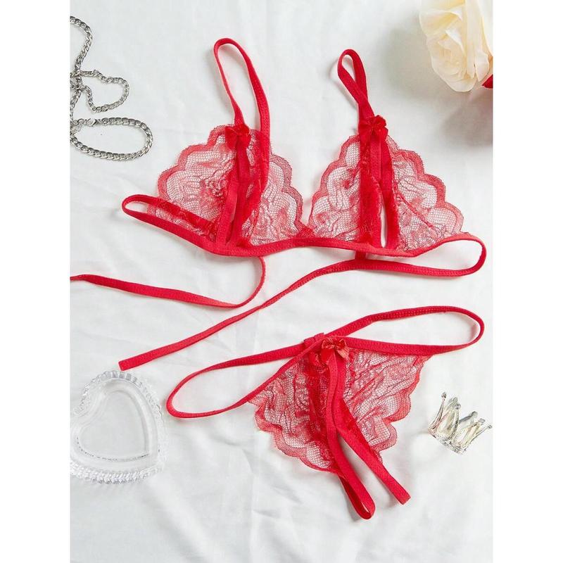 3 Pieceslingerie Set Solid Color V-Neck Lace Floral Fashion Design Lingerie Set, Bra And Open Lingerie, Couple Date, Halloween, Christmas, Valentine's Day, Girlfriend Gift, Free Temptation Set White Black Womenswear Red Fabric Casual Basic Minimalist