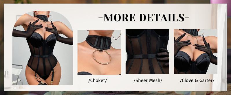 6 Piece Teddy Lingerie Bodysuit Mesh Cut Out Thong Leotard Club Wear