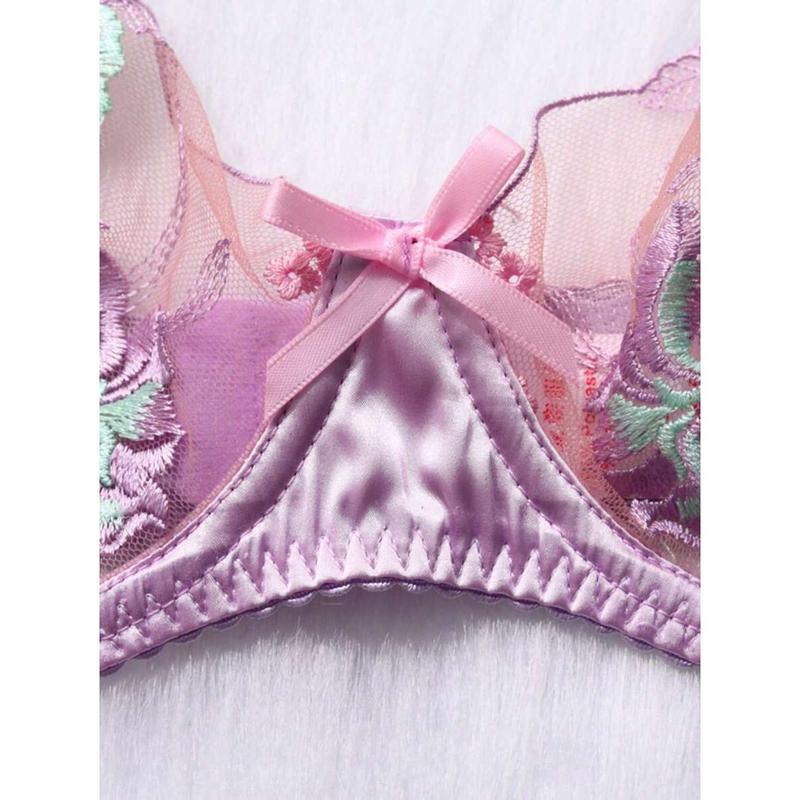 Woman's Sexy Lingerie Set Gathering Garter Belt With Steel Support Bra Flower Embroidery 3 Pieces Set Fabric Womenswear