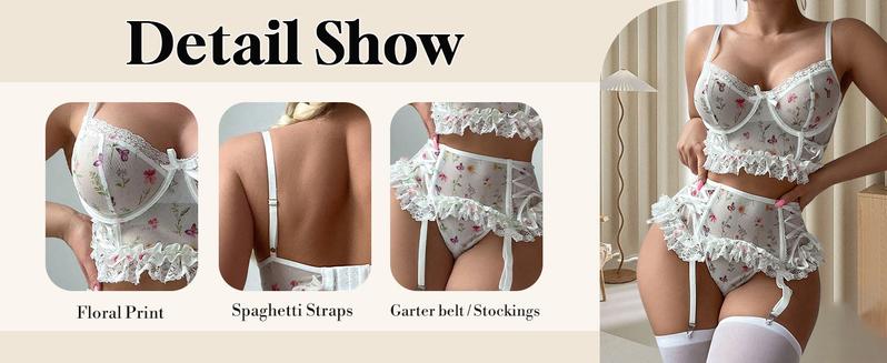 5 Piece Lingerie Set Lace Floral Ruffle Garter Underwire Teddy Lingerie Set with Stocking