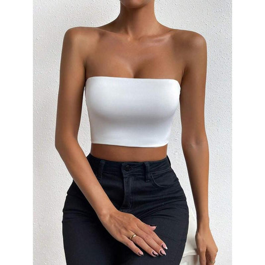 SolidTube Crop Top Fashion Fit Sleeve Womenswear Fabric Polyester Sheer Basic Minimalist