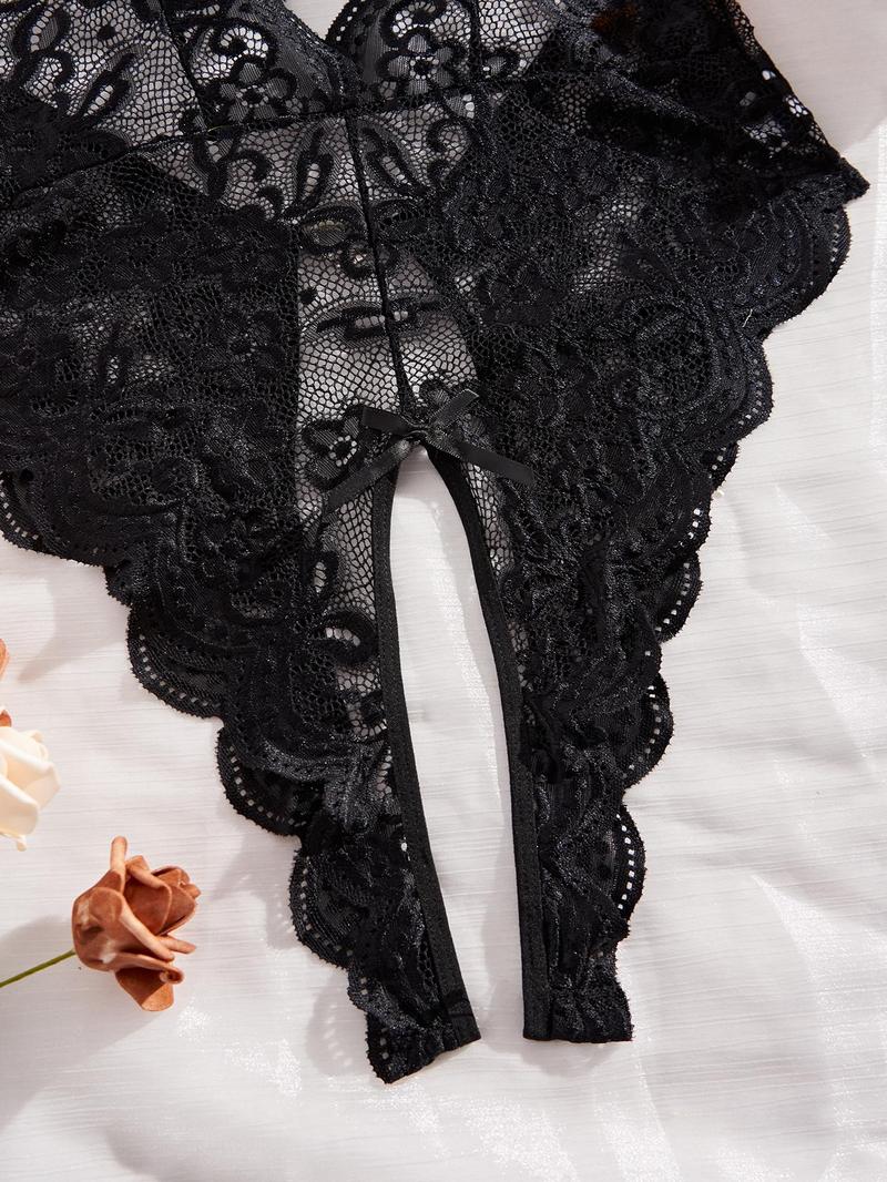 Women's Plain Bow Decor Cut Out Sheer Lace Cami Bodysuit, Sexy Comfy Breathable Backless Bodysuit for Daily Wear, Women's Lingerie for All Seasons