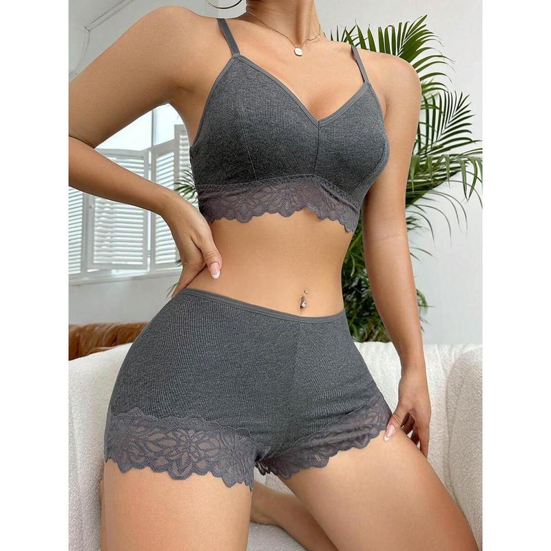 Contrast Lace Bra & Panty Set Lingerie Set Piece Casual Womenswear Spaghetti Strap Bluepanty Minimalist Basic