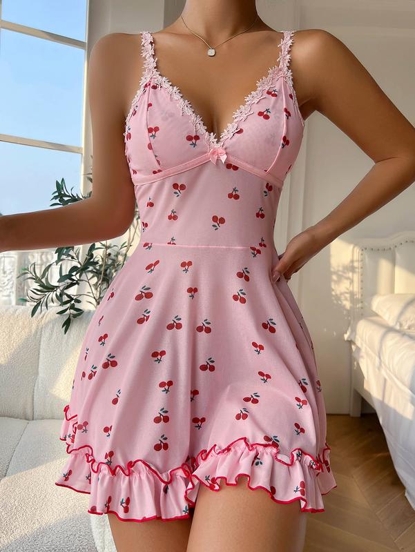 Cute Cherry Print Lace Trim Ruffle Hem Sleeveless Nightgown Chemise Comfy Nightwear