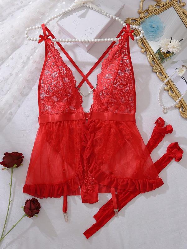 Deep V Neck Criss Cross Backless Garter Party Gift elegant nightwear button Criss Cross Backless Garter Sexy with Fishnet Stockings Vintage Preppy Plaid Crop Top Women's Red Pajama acrylic blend Floral Lace Push-Up Lingerie Set