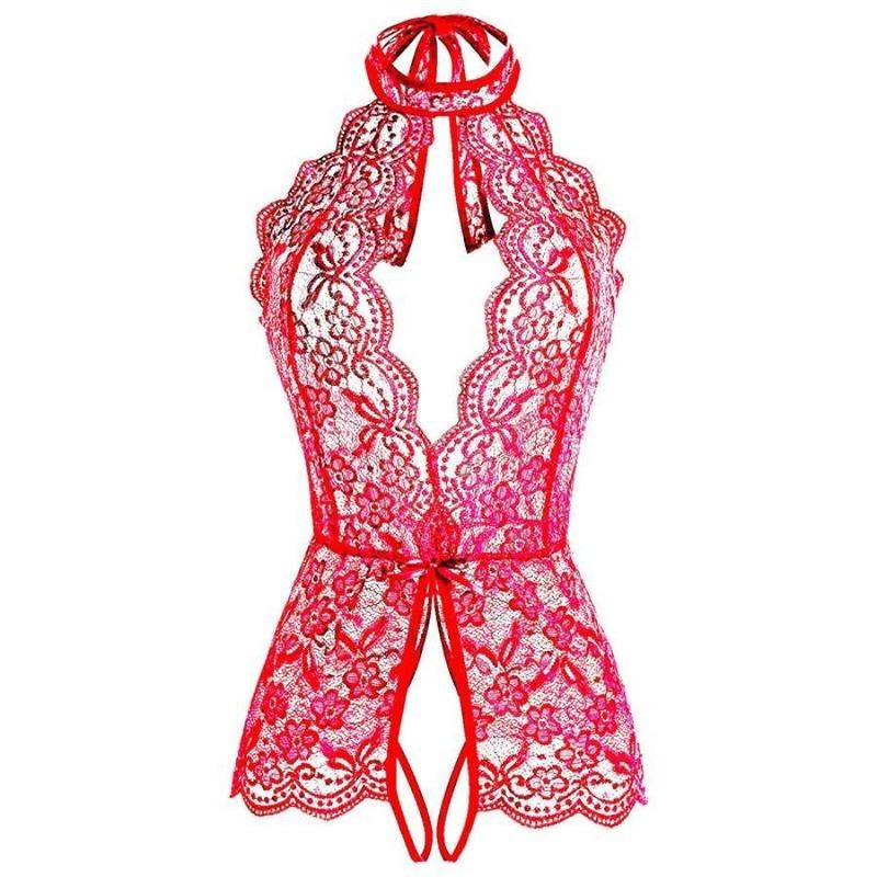 Women's Sexy Red Lace Open-End Jumpsuit – Seductive Sleepwear | Sultry Intimate Wear, Vibrant Red Lace Design, Perfect for Alluring Nights & Themed Occasions like Halloween, Combining Style with Seductive Appeal Fabric Floral