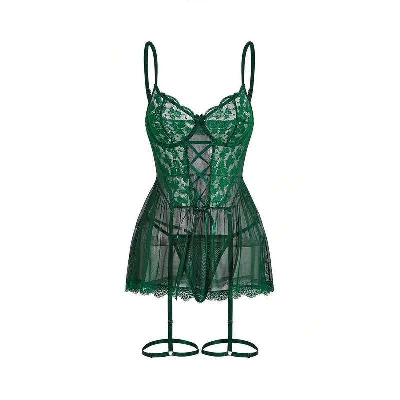 3pcs Contrast Lace Mesh Underwire Garter Lingerie Dress bikini boutique go nnaw ear it now Fabric Polyester Womenswear Bra Loungewear Pants