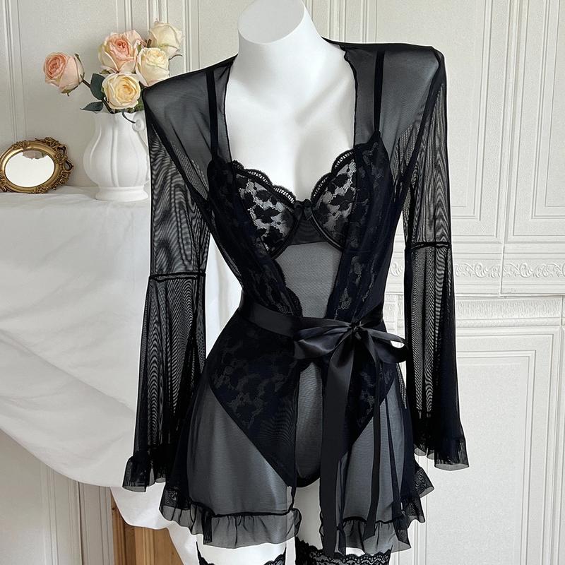 5 Piece Lingerie Set Floral Lace Teddy Bodysuit with Belt Robe Stockings dealsforyoudays